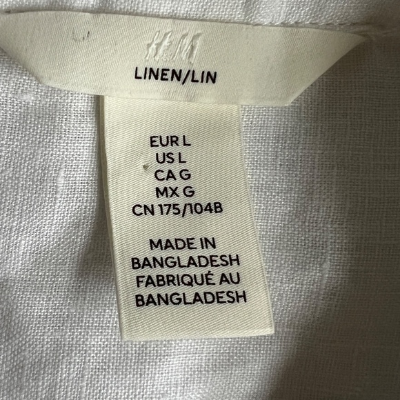 H&M 100% Linen Blouse Shirt White Button Up Long Sleeve 1 Pocket Casual Size L - Picture 4 of 4